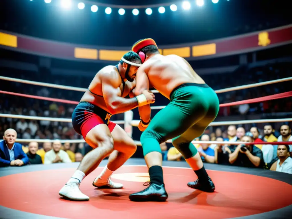 Dos luchadores de Ssireum en un combate dinámico en una arena moderna, con la multitud animando, capturando el impacto cultural del Ssireum en Corea