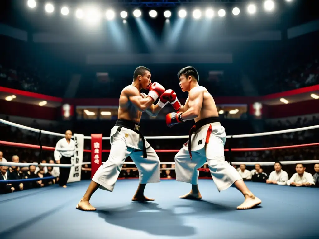 Dos luchadores se enfrentan en un emocionante evento de artes marciales en vivo, con la multitud vibrante de energía