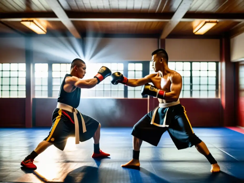 Dos luchadores de Sanda entrenan con determinación en un gimnasio tradicional de Kung Fu, expresando energía y dedicación en su práctica