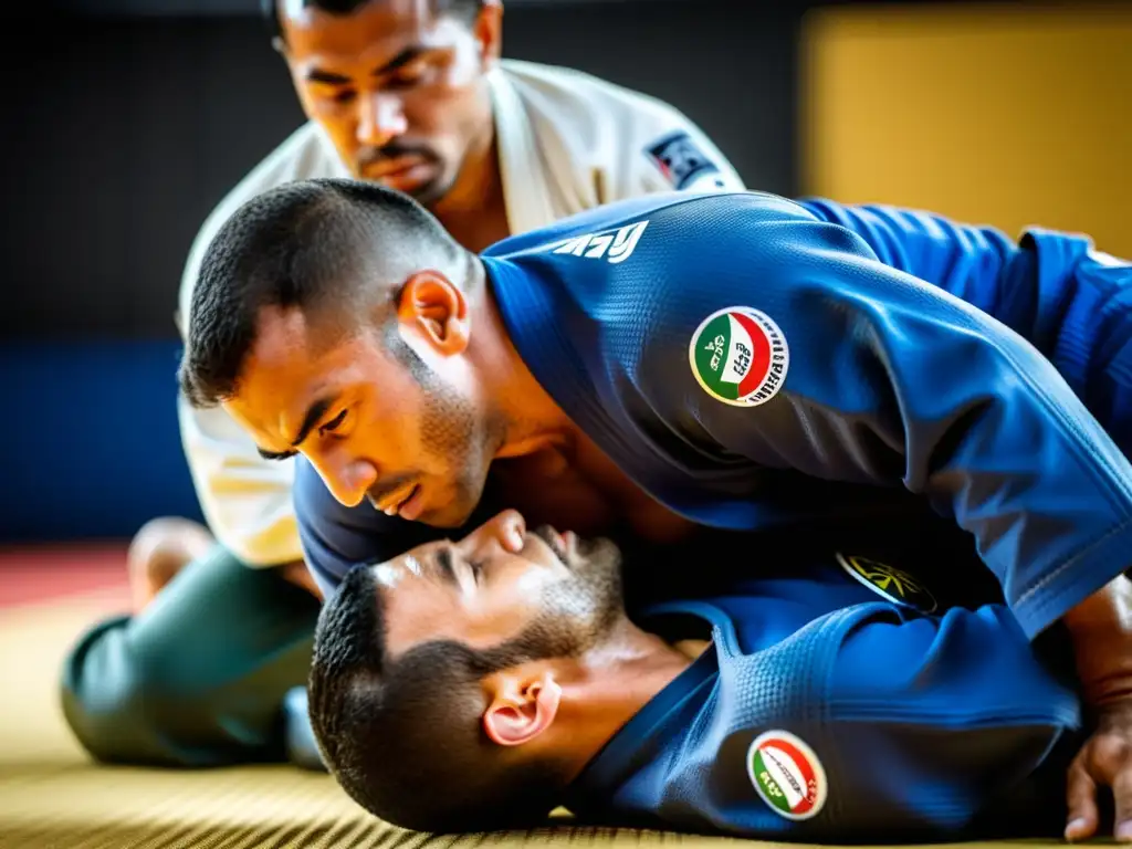 Dos luchadores de Brazilian JiuJitsu en intenso intercambio en el suelo, destacando las técnicas esenciales del arte marcial