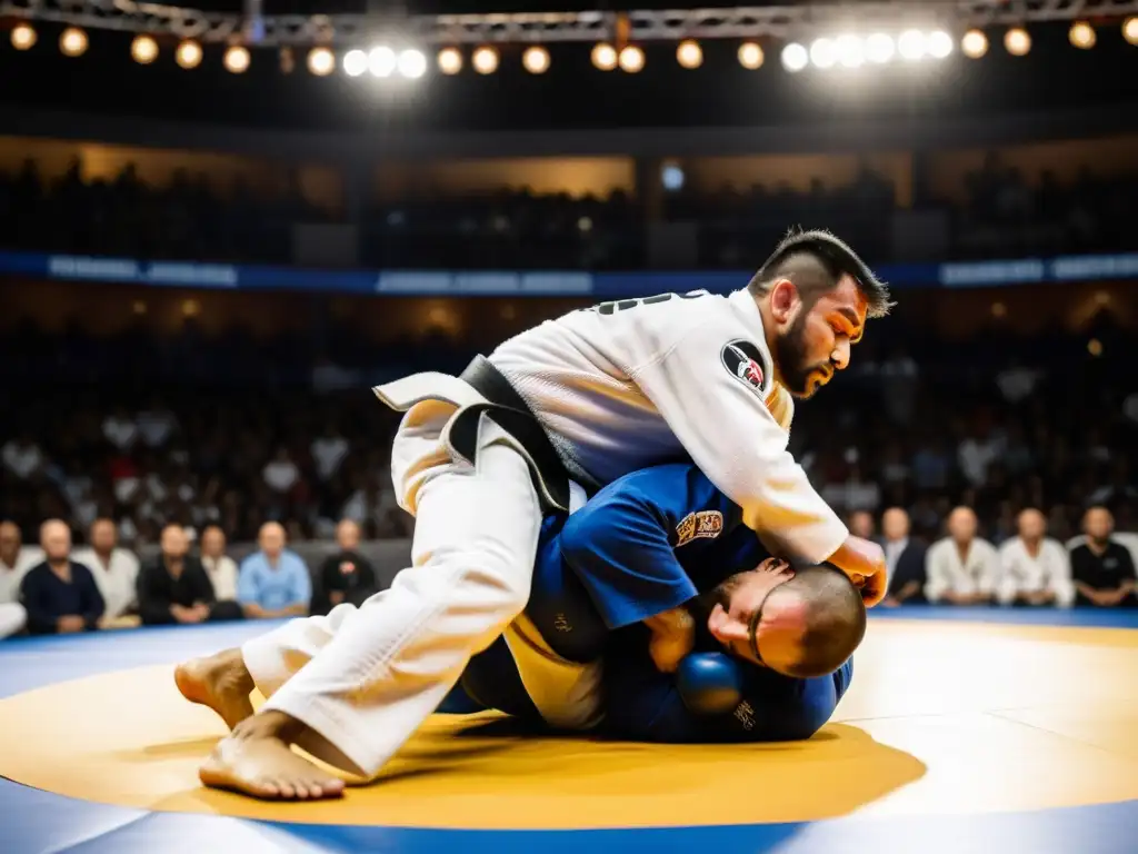 Dos luchadores de JiuJitsu en un intenso combate en un torneo internacional