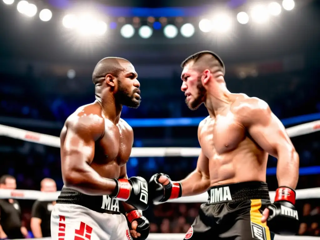 Dos luchadores de MMA frente a frente en el octágono, con músculos tensos y miradas decididas, rodeados de energía y emoción