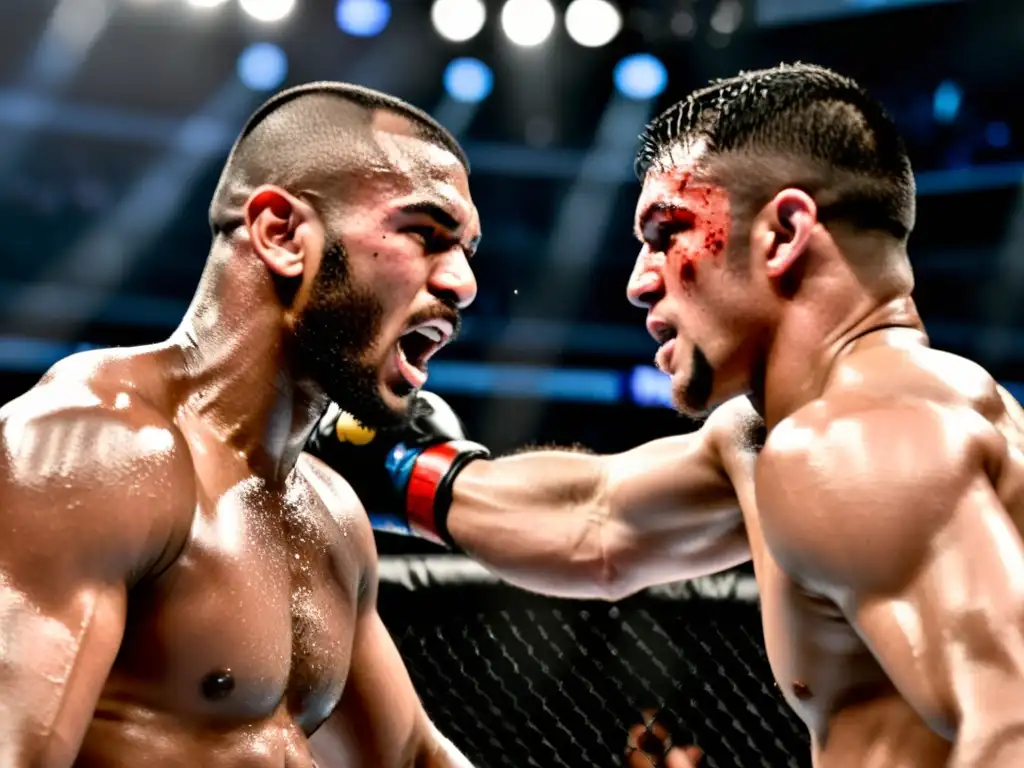 Dos luchadores de MMA librando una intensa batalla en el octágono, reflejando la fuerza y determinación en sus ojos