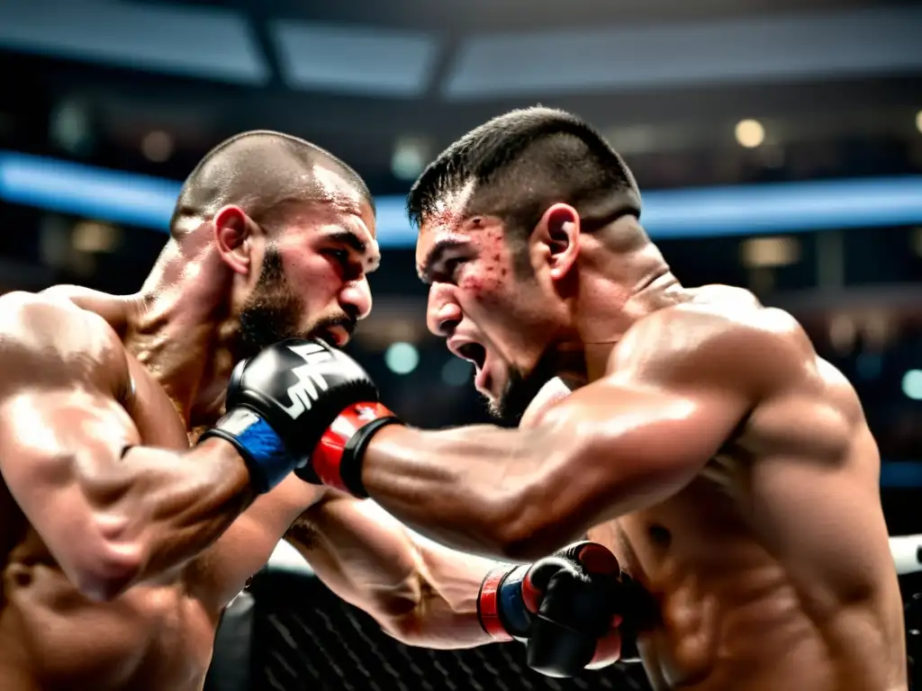 En el octágono, dos luchadores de MMA en un intenso agarre, mostrando estrategias psicológicas para dominar MMA