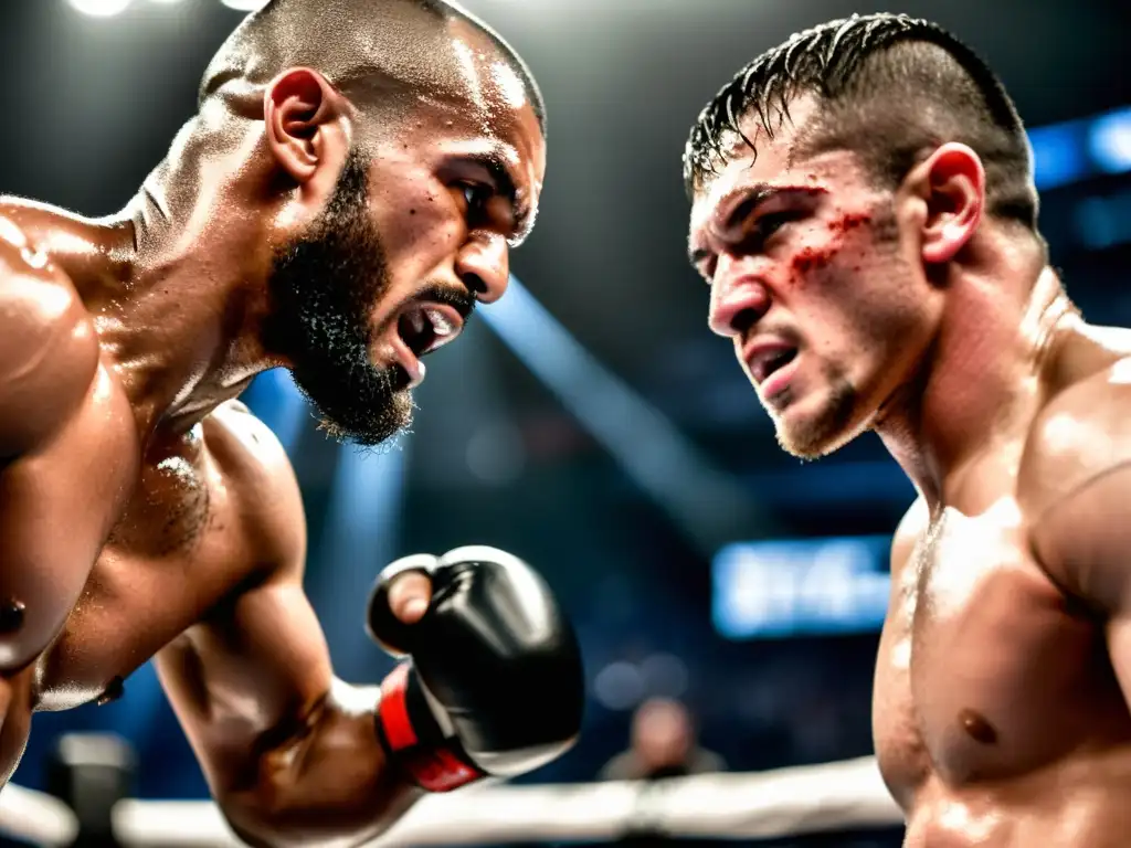 Dos luchadores de MMA en un intenso agarre, músculos tensos, sudor brillante