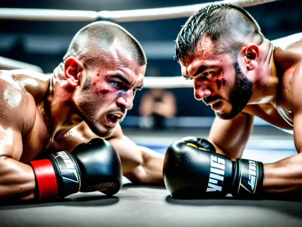 Dos luchadores de MMA luchan en el suelo con determinación, mostrando técnicas de control en MMA en una pelea intensa