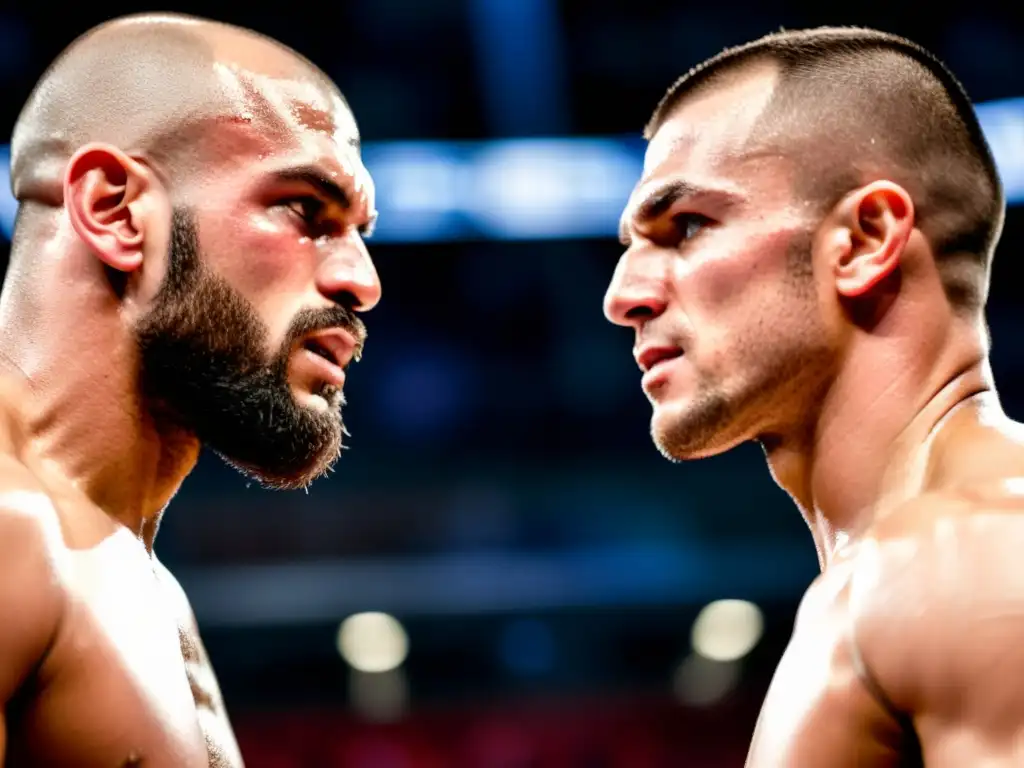 Dos luchadores de MMA en un tenso careo previo a la pelea, con músculos tensos y determinación en sus ojos, bajo las luces brillantes de la arena