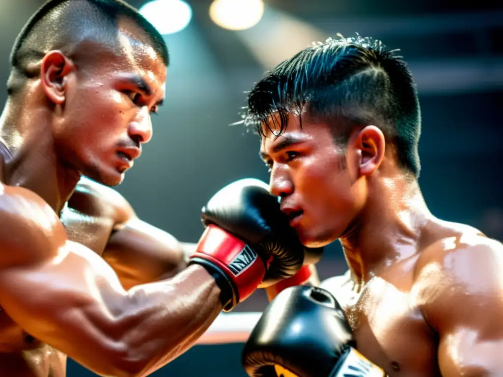 Dos luchadores de Muay Thai en un intenso agarre en el ring, mostrando la fuerza y técnica del deporte