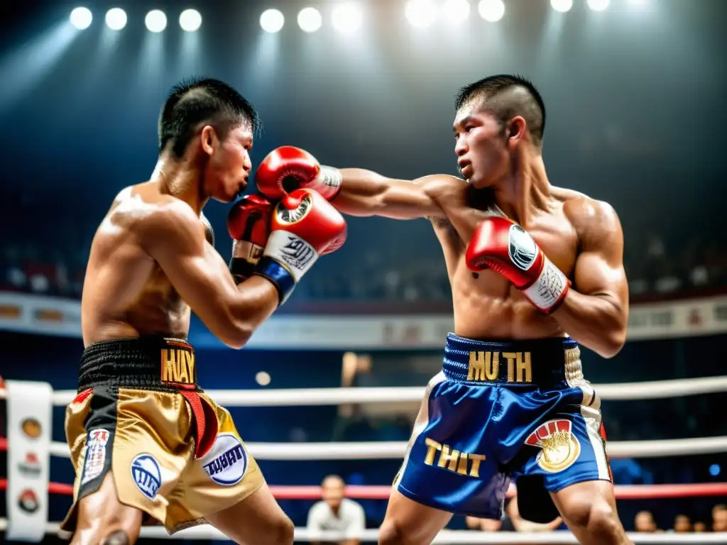 Dos luchadores de Muay Thai en un intenso clinch en un estadio tailandés, mostrando la complejidad de diferentes estrategias de Muay Thai