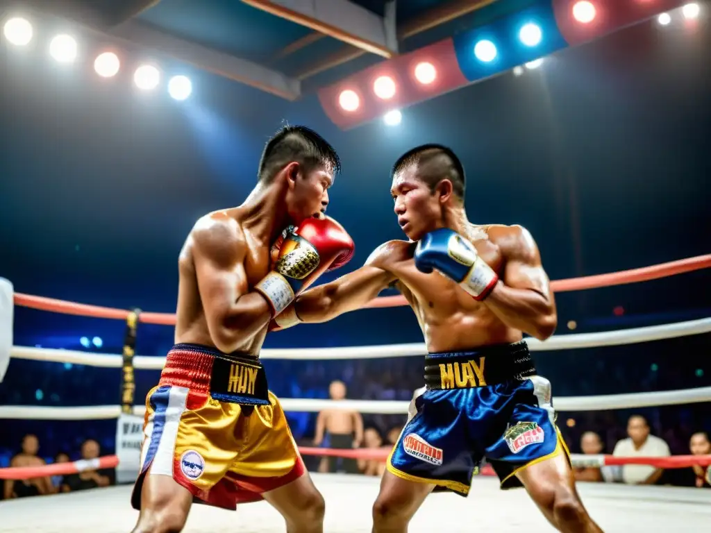 Dos luchadores de Muay Thai en un intenso combate en un ring tradicional en Tailandia, rodeados de una vibrante multitud