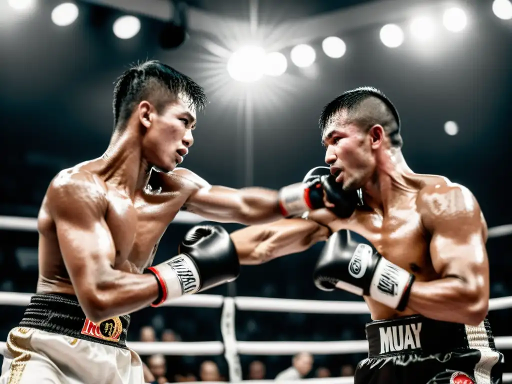 Dos luchadores de Muay Thai en un intenso combate, mostrando determinación y técnica