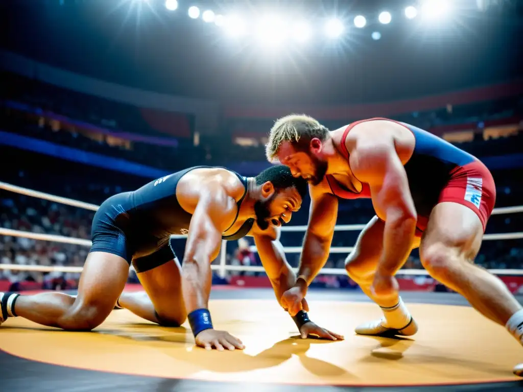 Dos luchadores en plena batalla sobre el tatami, reflejando la intensidad y la fuerza de la lucha olímpica