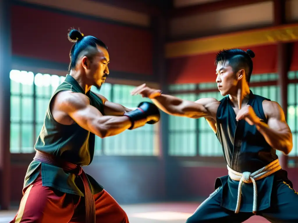 Dos luchadores de Kung Fu en plena práctica competitiva, mostrando técnica impecable y determinación en un salón tradicional chino