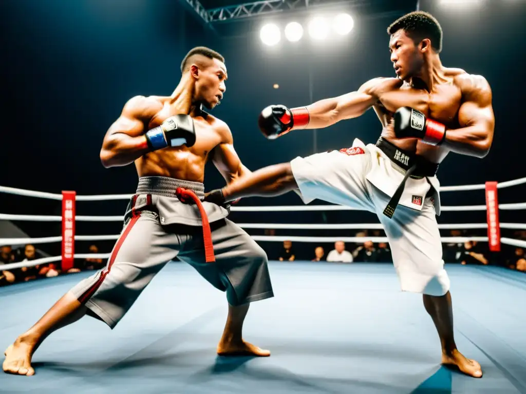 Dos luchadores en pleno combate aéreo durante un emocionante evento de artes marciales PayPerView