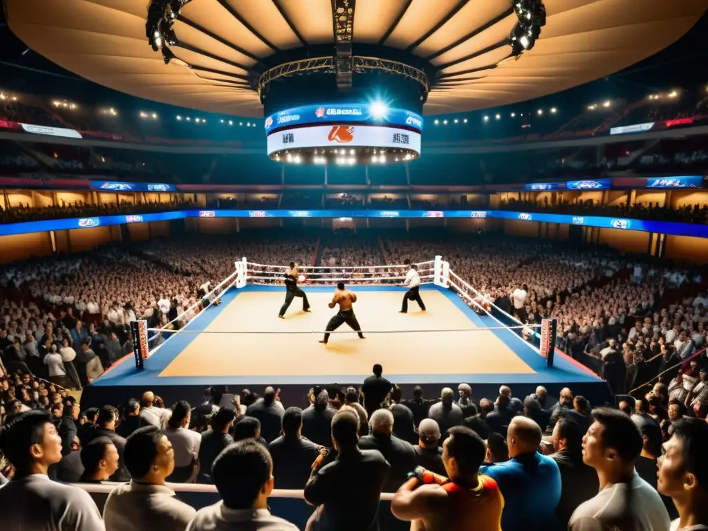 Dos luchadores en pleno combate en un arena llena de espectadores entusiastas, capturando la emoción de eventos artes marciales en streaming