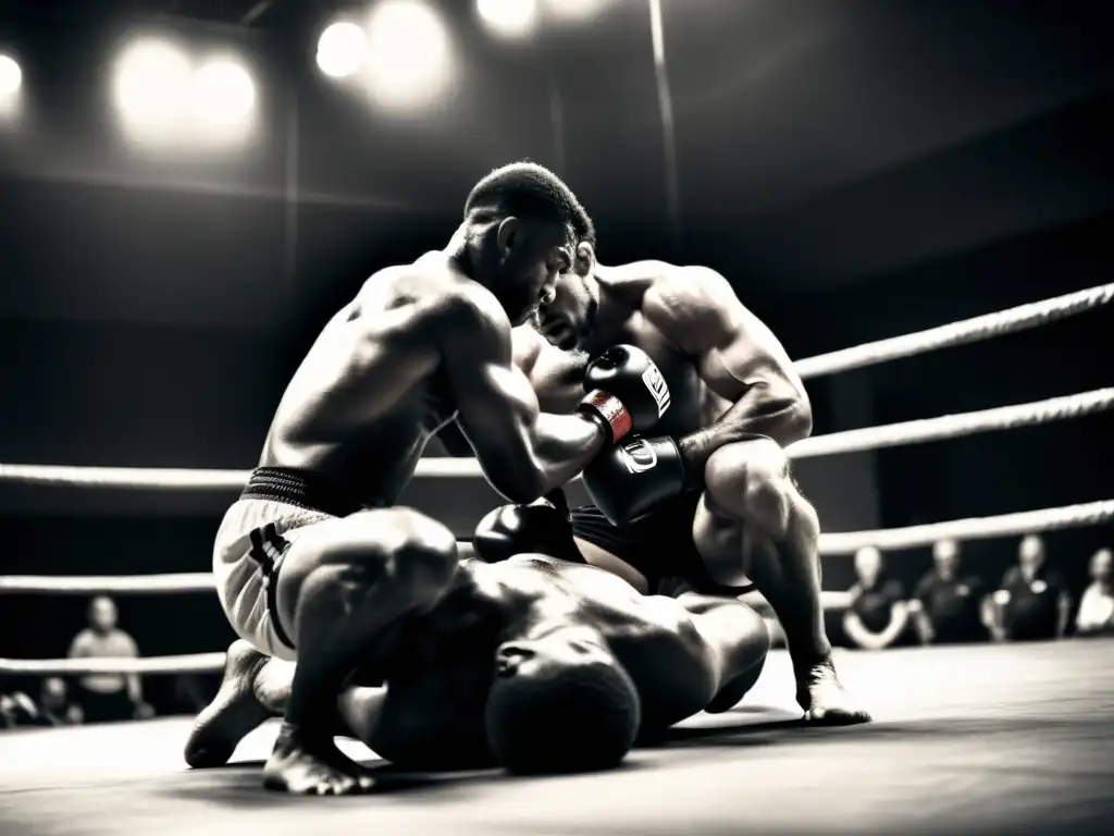 Dos luchadores en pleno combate en un gimnasio oscuro, mostrando la evolución del combate sin restricciones con intensidad y emoción palpable