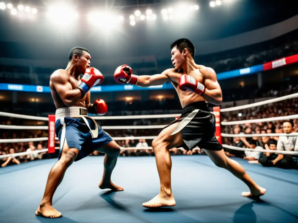 Dos luchadores en pleno intercambio aéreo en un emocionante evento de artes marciales en streaming, con una multitud en frenesí de emoción al fondo