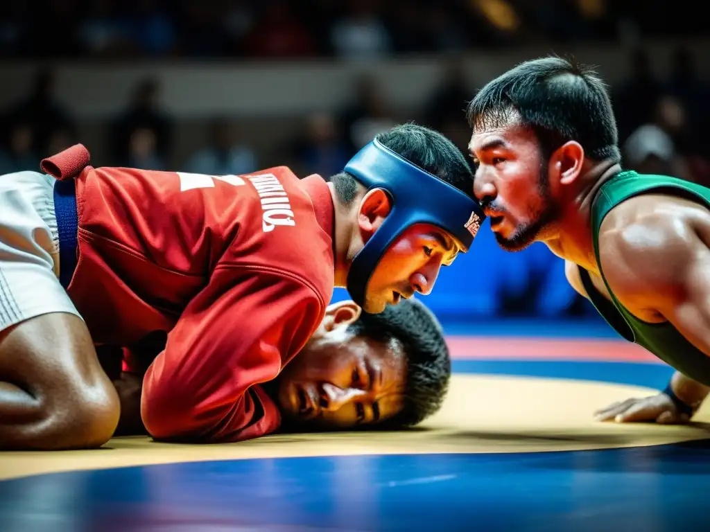 Dos luchadores de Sambo compiten intensamente en el tatami, mostrando la energía y determinación de este deporte de alta competencia