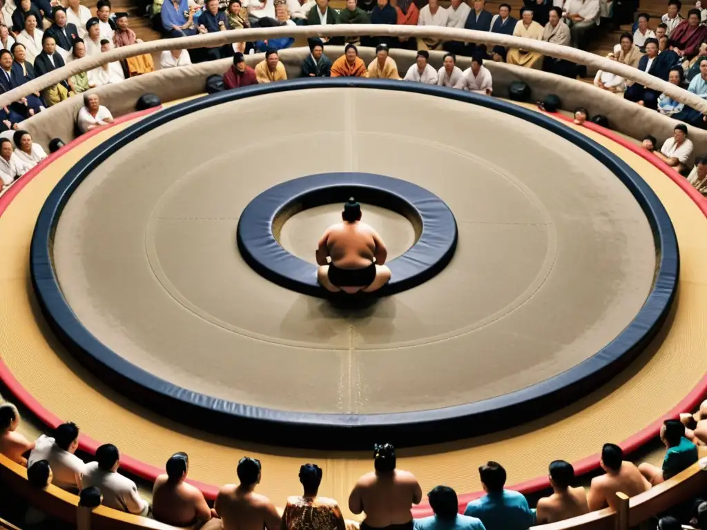 Dos luchadores de sumo se enfrentan en el dohyo, rodeados de una multitud de espectadores vestidos con kimonos