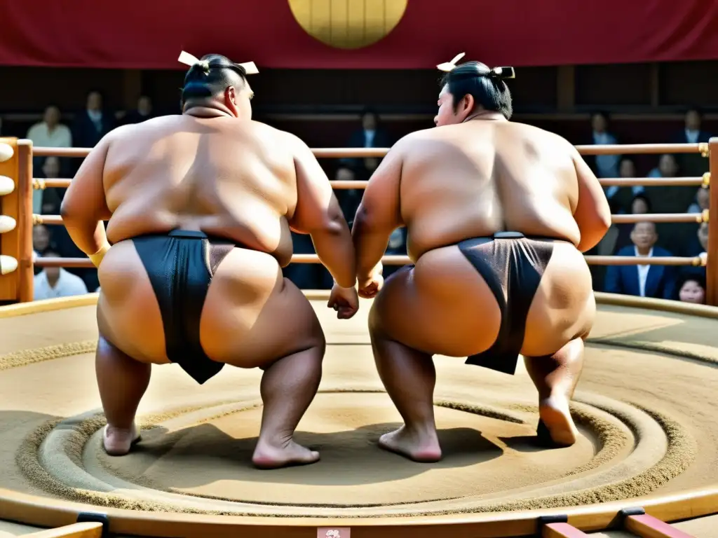 Dos luchadores de sumo se preparan para competir en el dohyo en Japón