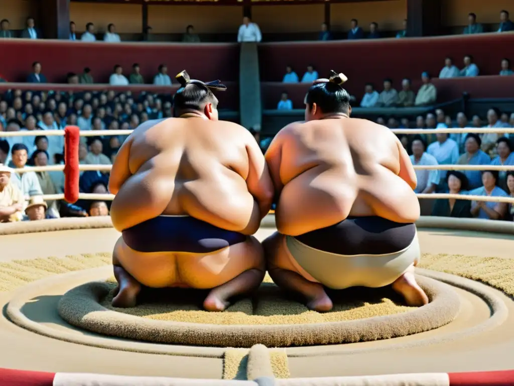 Dos luchadores de sumo se preparan para el enfrentamiento en un estadio lleno, con expresiones tensas y determinadas