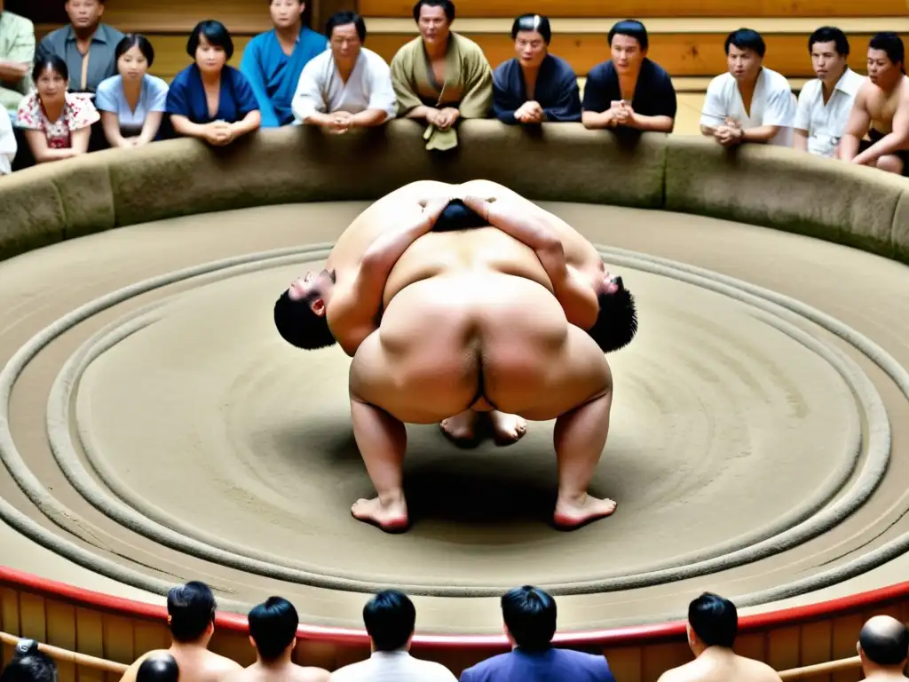 Dos luchadores de sumo en un estadio lleno de espectadores en Japón