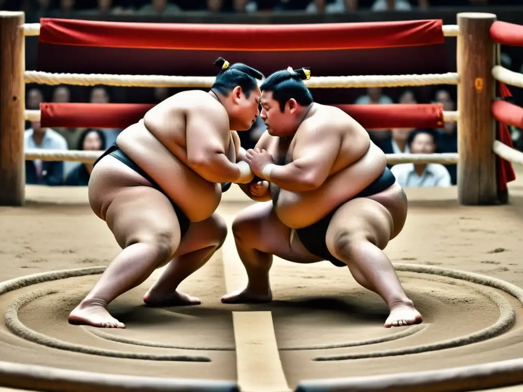 Dos luchadores de sumo compiten en un intenso combate en el tradicional dohyo, rodeados de espectadores