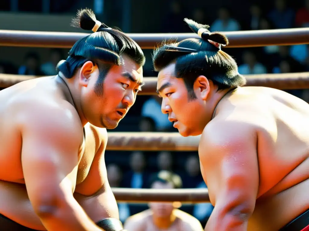 Intensa lucha de sumo: fuerza y determinación Dos luchadores de sumo en plena lucha, mostrando la intensidad del entrenamiento y rituales del Sumo
