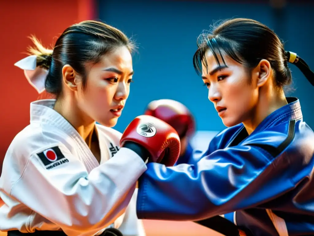 Dos luchadores de taekwondo en combate, con expresiones determinadas y técnicas precisas