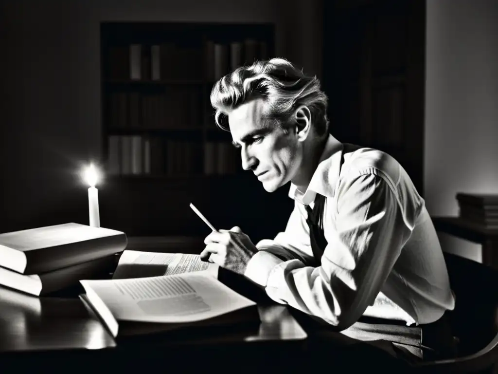 El filósofo Kierkegaard reflexiona ante la luz tenue, rodeado de libros y papeles, reflejando el desafío marcial ante la ansiedad