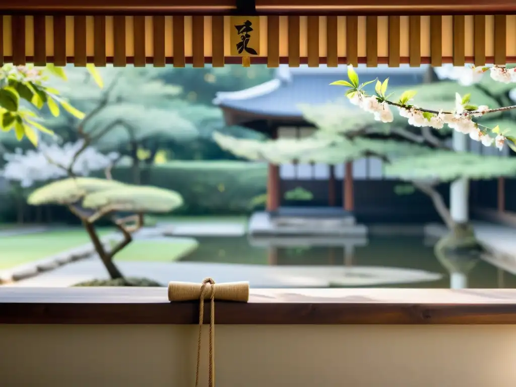 Un makiwara de madera tradicional con cuerdas desgastadas en un jardín japonés sereno