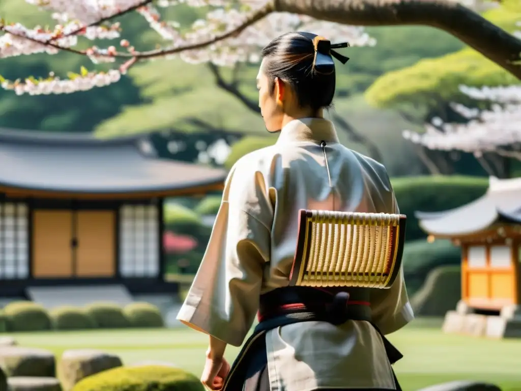 Un makiwara de madera tradicional en un jardín japonés, con practicante de karate y luz filtrándose a través de los árboles de cerezo