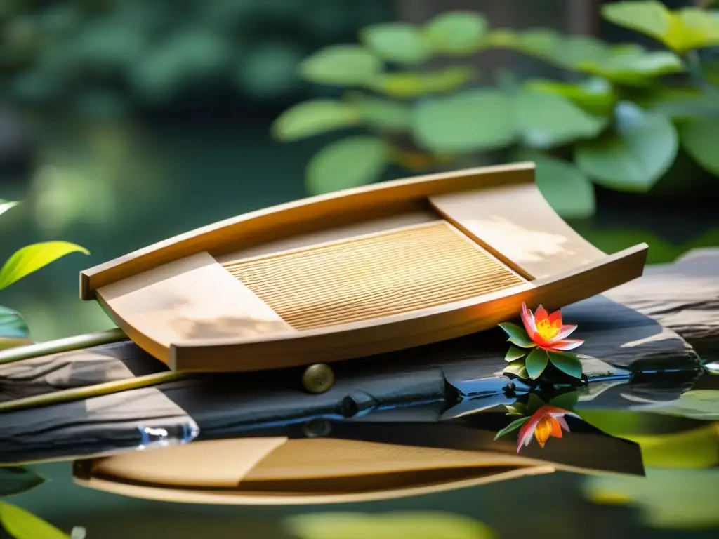 Un makiwara de madera tradicional, en un jardín japonés sereno con bonsáis y un estanque de kois