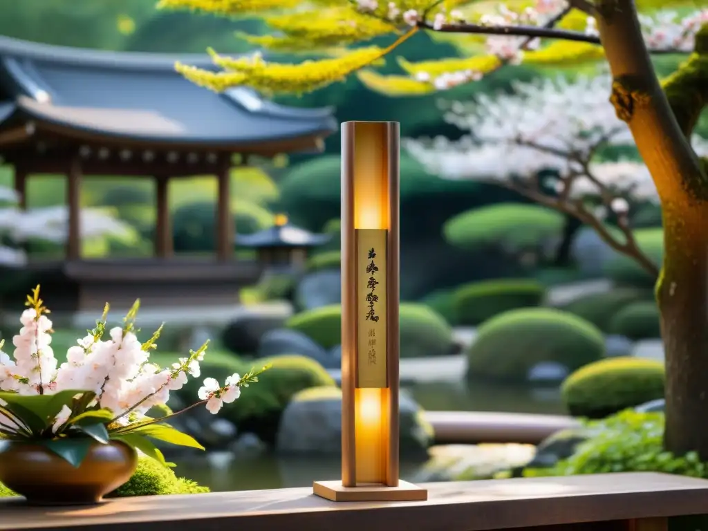 Un makiwara de madera tradicional en un jardín japonés sereno, ideal para practicantes de karate