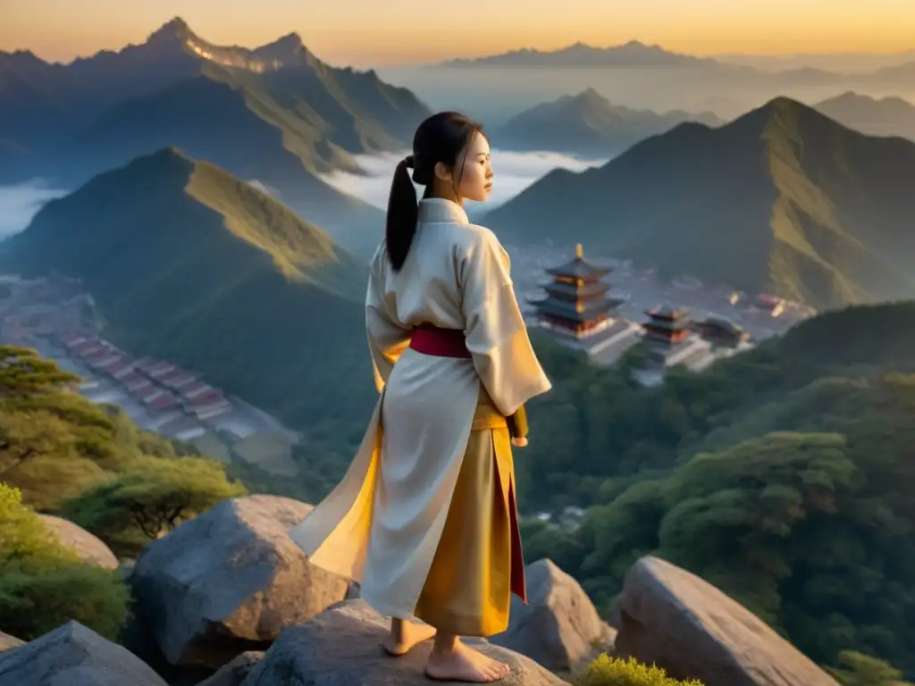 Una maestra de artes marciales serena practica técnicas físicas al amanecer en la cima de una montaña, envuelta en niebla