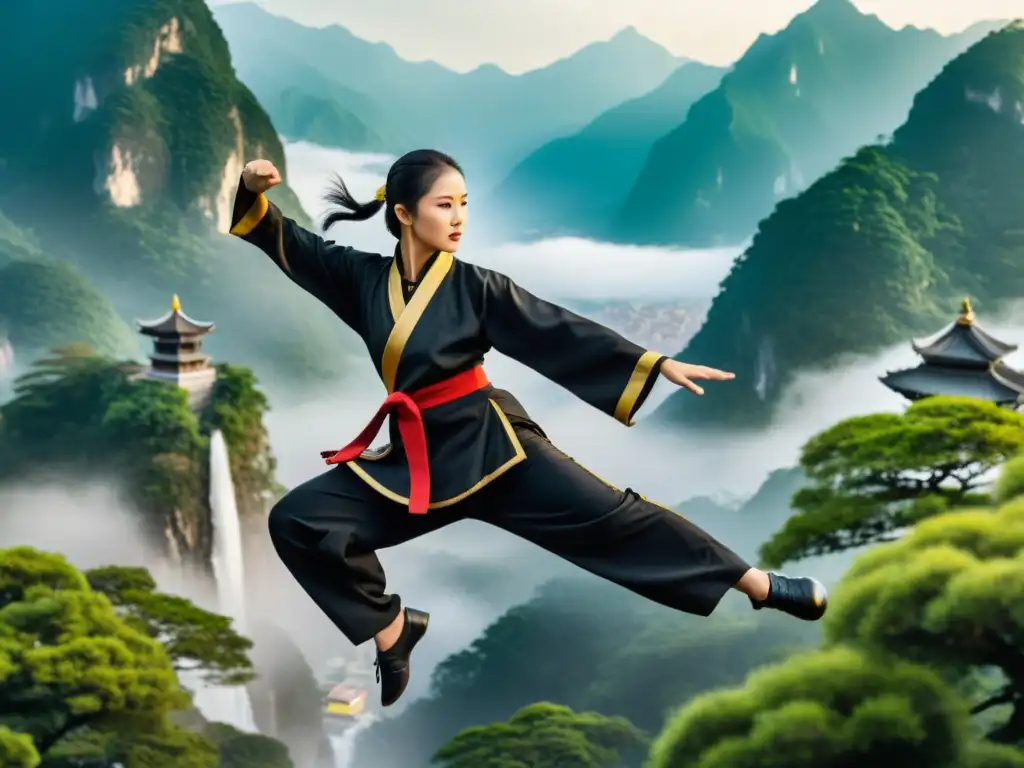 Una maestra experimentada de Kung Fu, con uniforme negro y dorado, ejecuta un salto patada con determinación