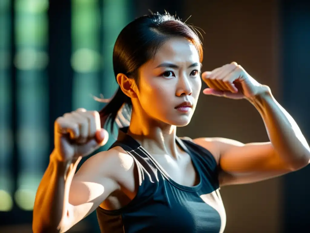 Una maestra de Wing Chun ejecuta con determinación y precisión golpes poderosos