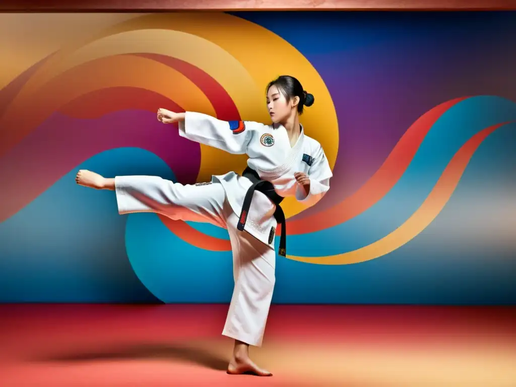 Maestra de Taekwondo empoderamiento femenino ejecuta una patada alta con determinación en un dojang vibrante y poderoso