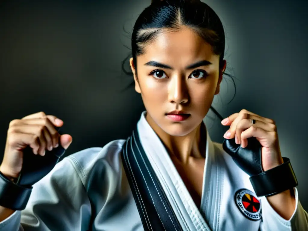 Cintia Rodríguez, Maestra de Taekwondo empoderamiento femenino, demostrando una potente técnica con concentración y determinación