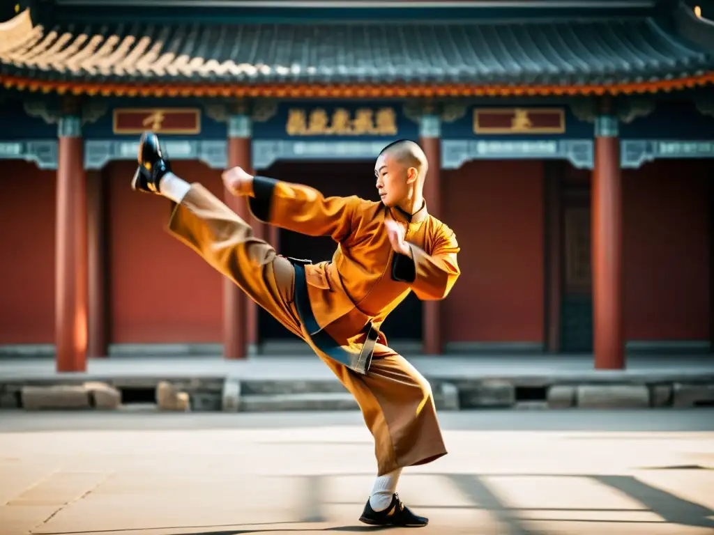 Maestro de Shaolin Kung Fu realiza acrobacia impecable en el aire, demostrando habilidad y disciplina en el templo