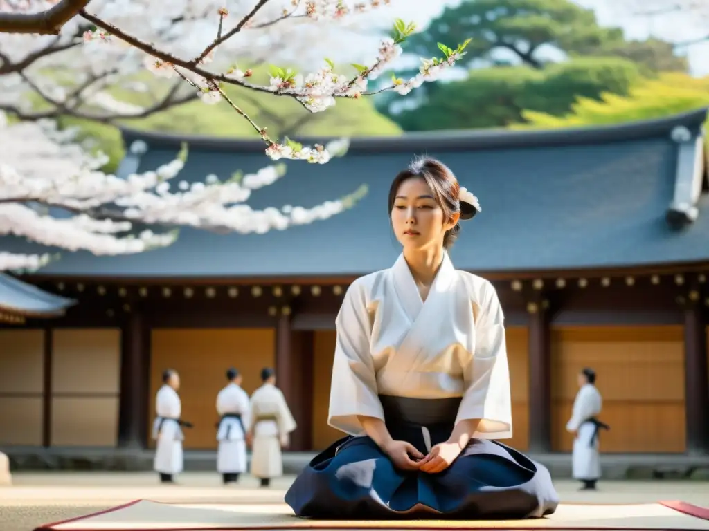 Un maestro de Aikido transmite armonía en un tranquilo templo japonés entre estudiantes concentrados, con uniformes blancos y cerezos en flor