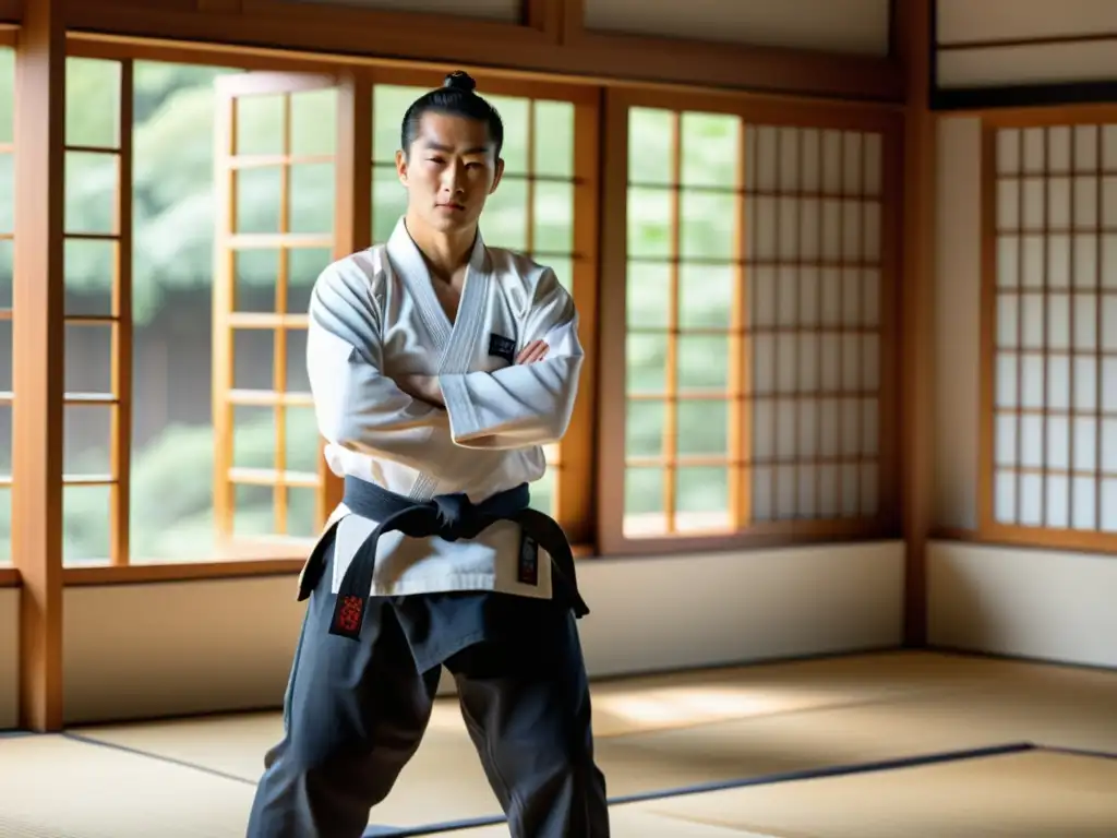 Un maestro de aikido en gi blanco y cinturón negro, ejecutando una técnica fluida y precisa en un dojo sereno con luz natural