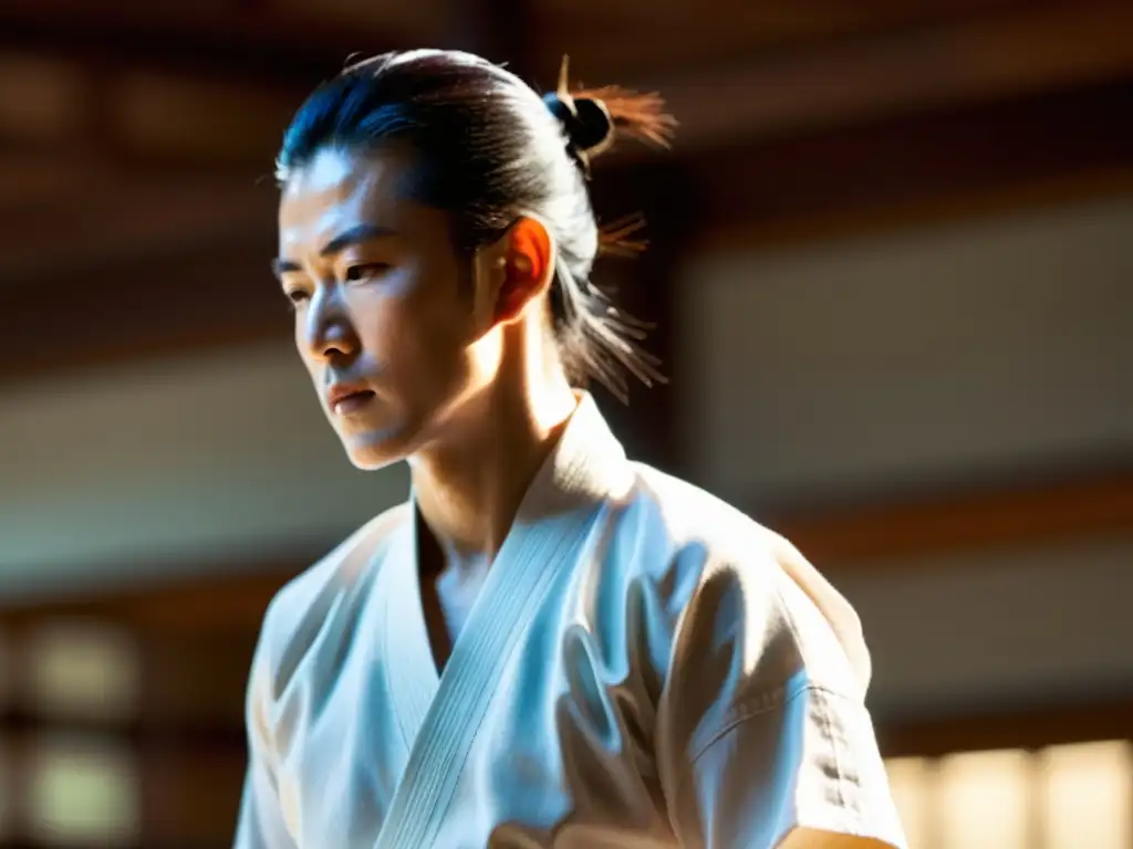 Un maestro de Aikido en gi blanco muestra una técnica fluida en un dojo iluminado suavemente, reflejando paz interior y disciplina