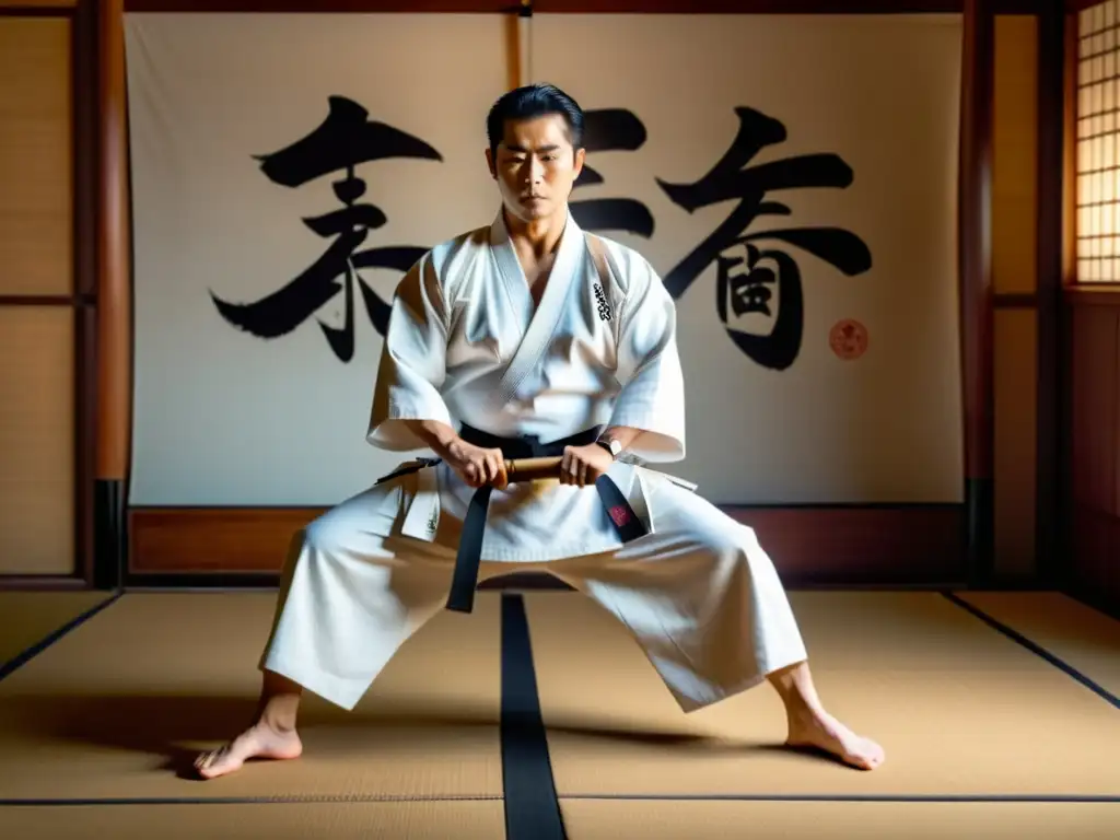 Maestro de Aikido en gi blanco realiza técnica precisa y elegante en dojo con caligrafía japonesa y armas de entrenamiento