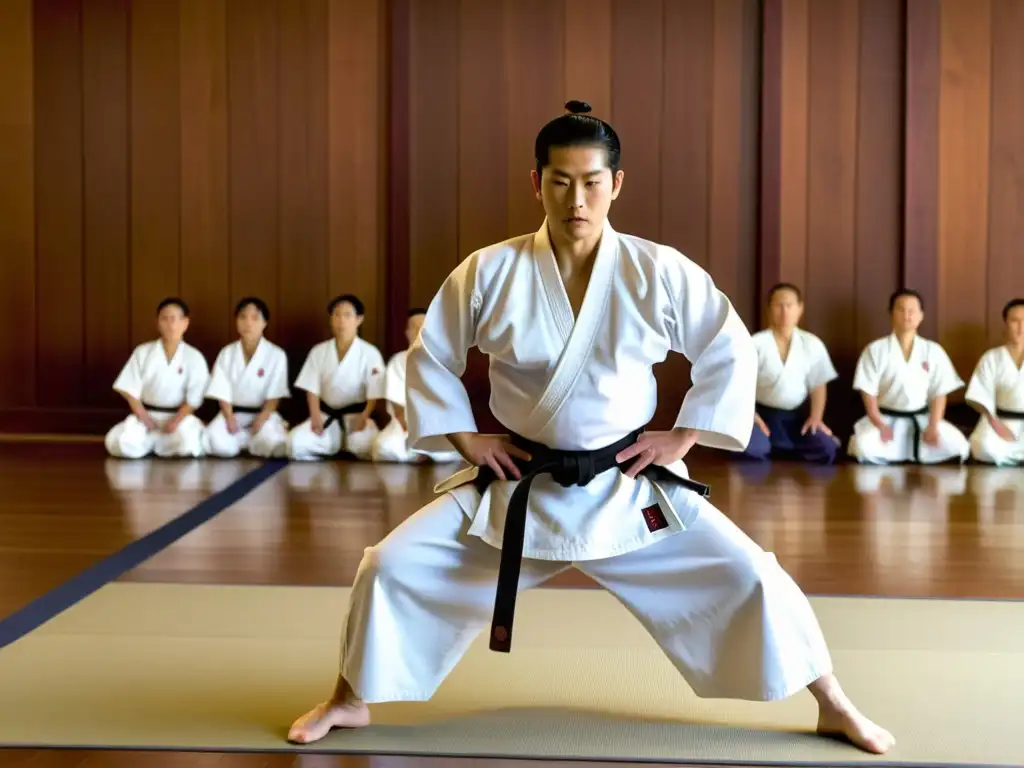 Un maestro de Aikido lidera una clase con movimientos precisos y fluidos, mientras los estudiantes observan con respeto