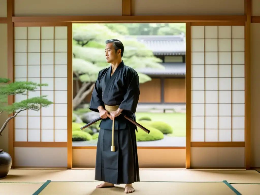 Maestro de Aikido en dojo sereno, reflejando armonía con la naturaleza y la cultura del Aikido