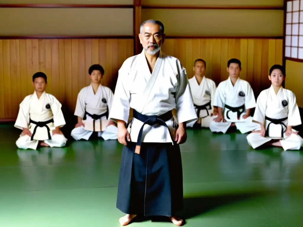 Maestro Gozo Shioda demostrando Aikido en un dojo tradicional con estudiantes en posturas