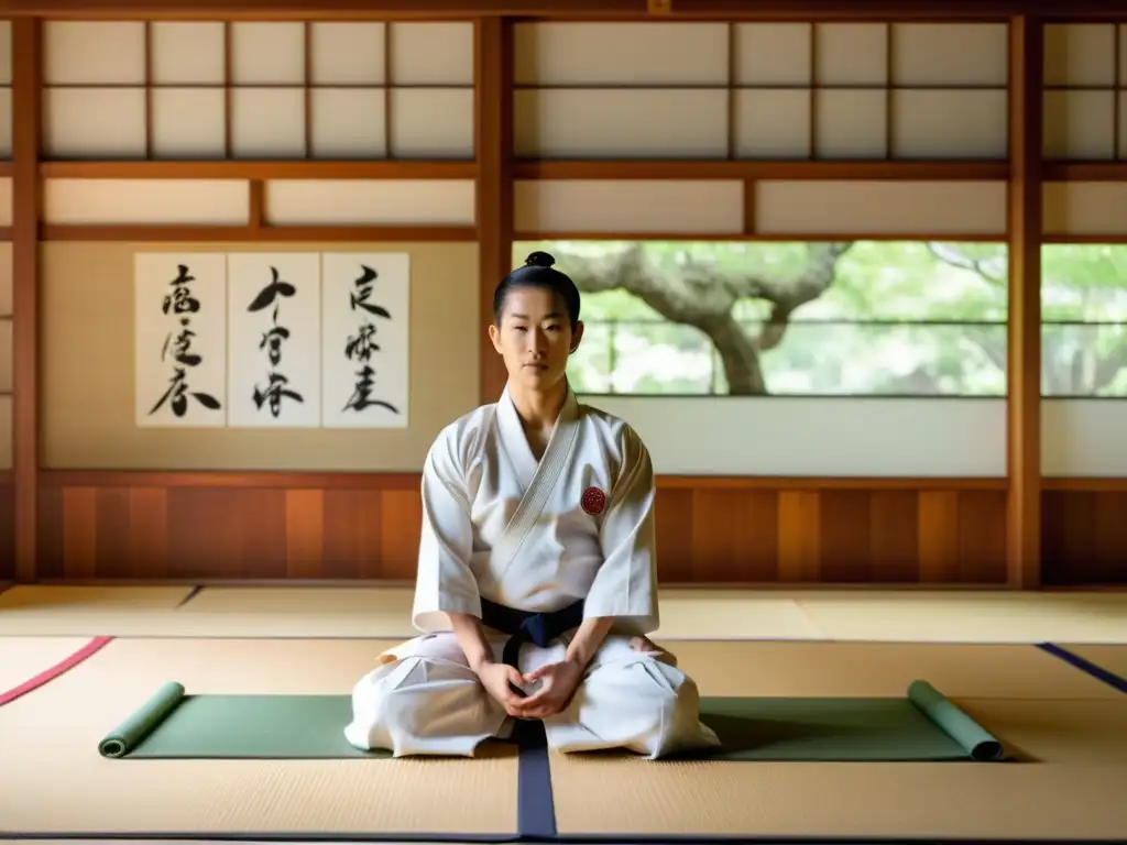 Un maestro de aikido en un dojo tranquilo, rodeado de luz natural