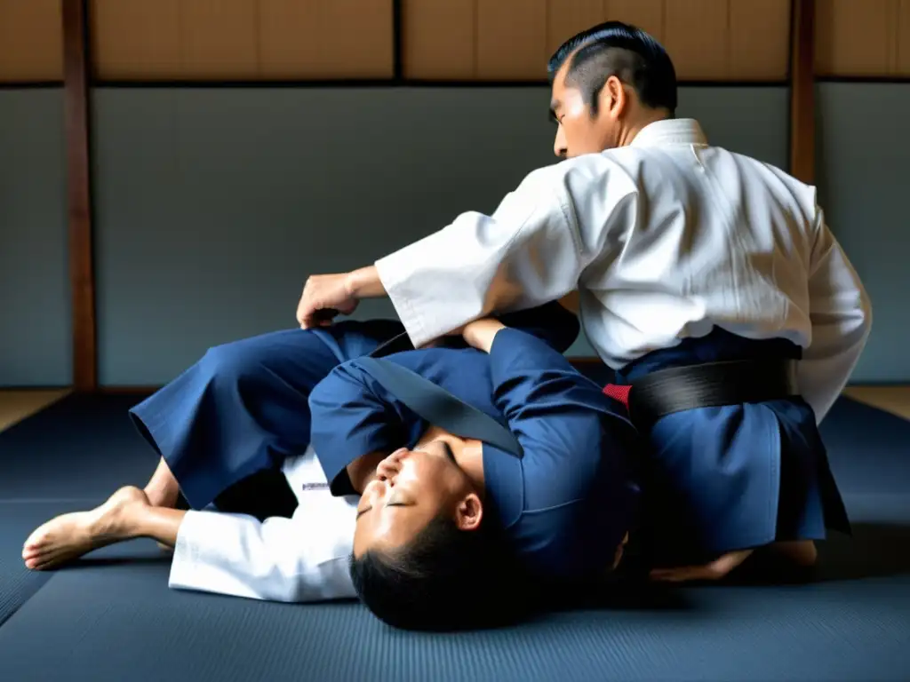 Maestro de Aikido ejecuta con gracia una llave de muñeca, reflejando control y técnica