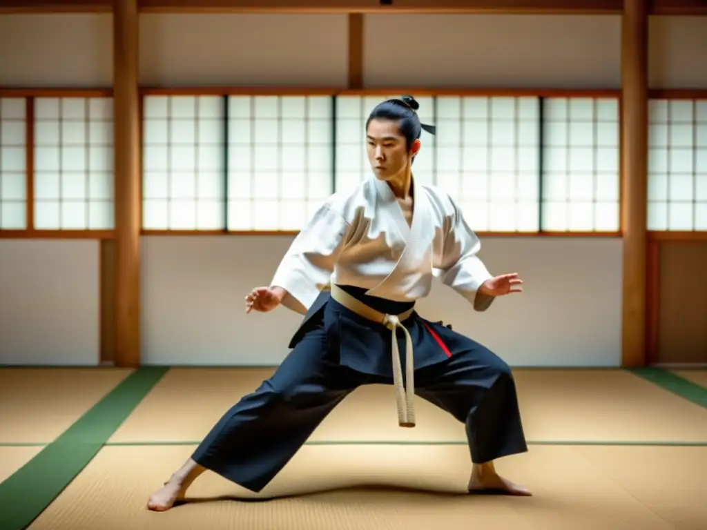 Un maestro de Aikido con un Jo staff, mostrando gracia y precisión en la práctica moderna de armas en Aikido